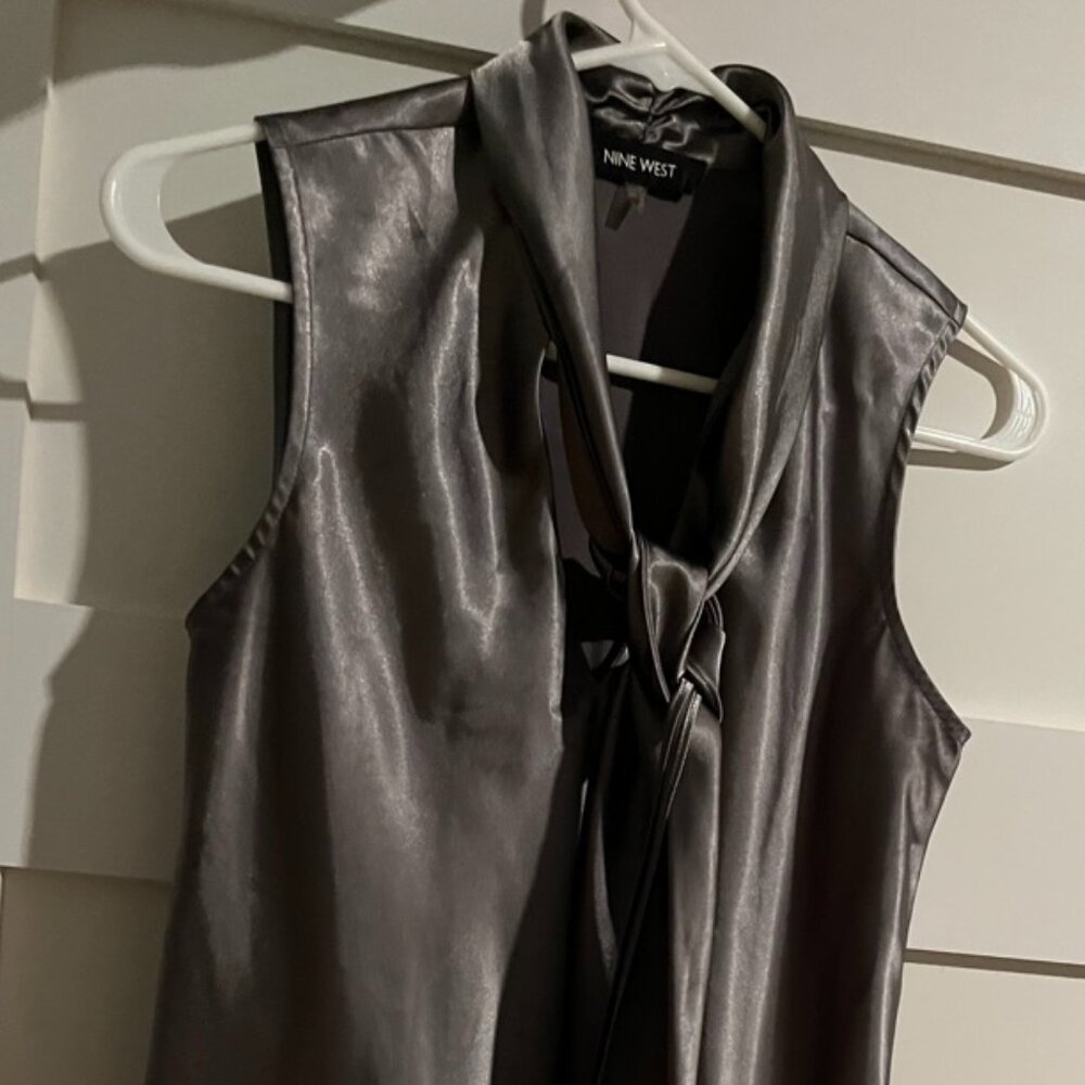 Nine West Medium Metallic Grey Tie Neck Blouse